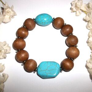 Chunky Wooden Bracelet Blue Brown Wood Adjustable Statement Size Jewlery C643